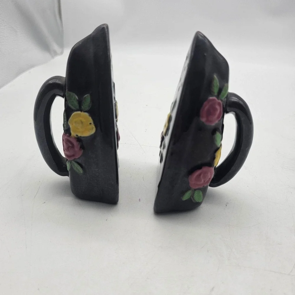 Vintage Black Ceramic Iron Salt & Pepper Shakers Floral Roses Small Set Of 2